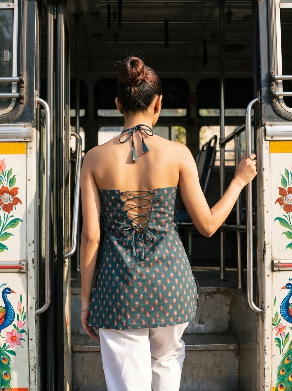 teal lace up back kurti on bus steps