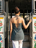 teal lace up back kurti on bus steps