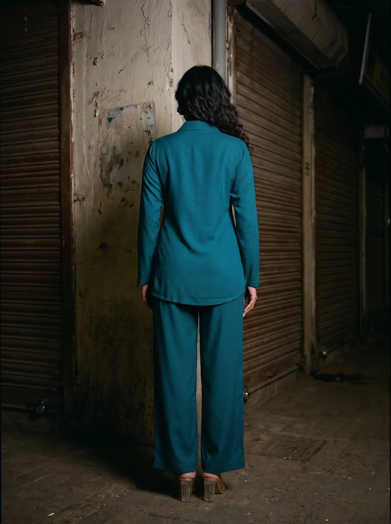 teal solid viscose co ord set back