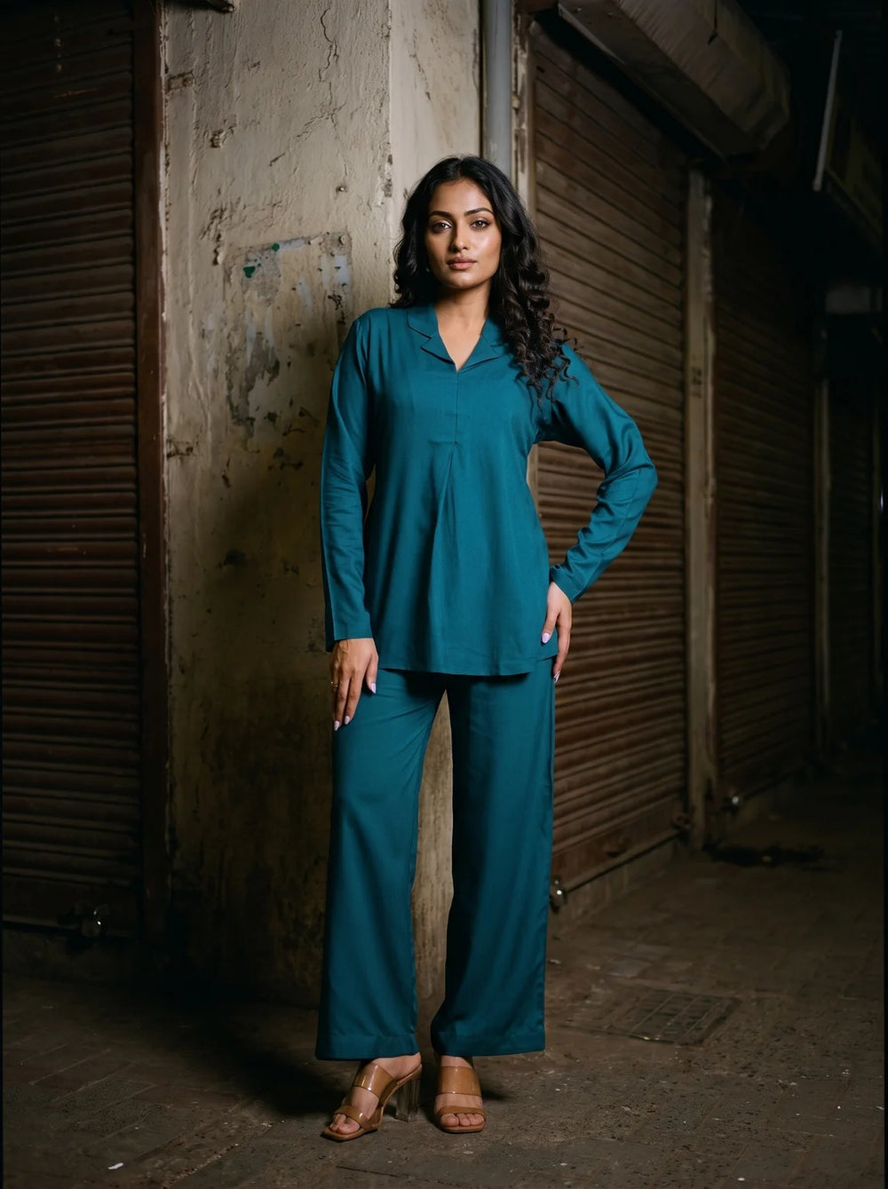 teal solid viscose co ord set front full