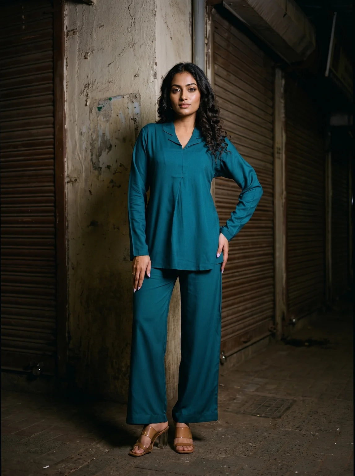 teal solid viscose co ord set front full