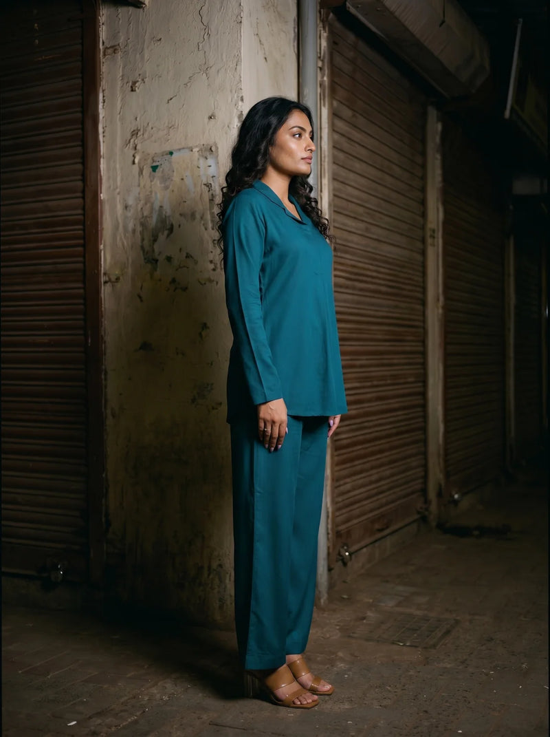 teal solid viscose co ord set side