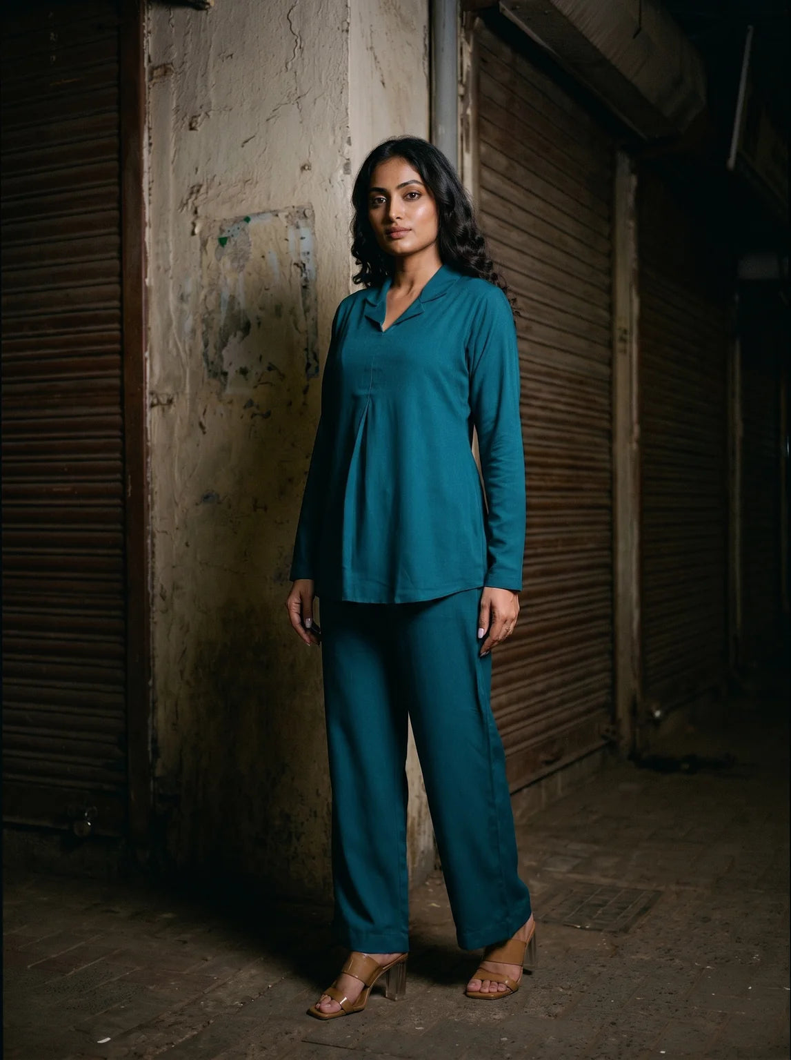 teal solid viscose co ord set three quarter