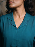 teal solid viscose co ord top revere collar detail