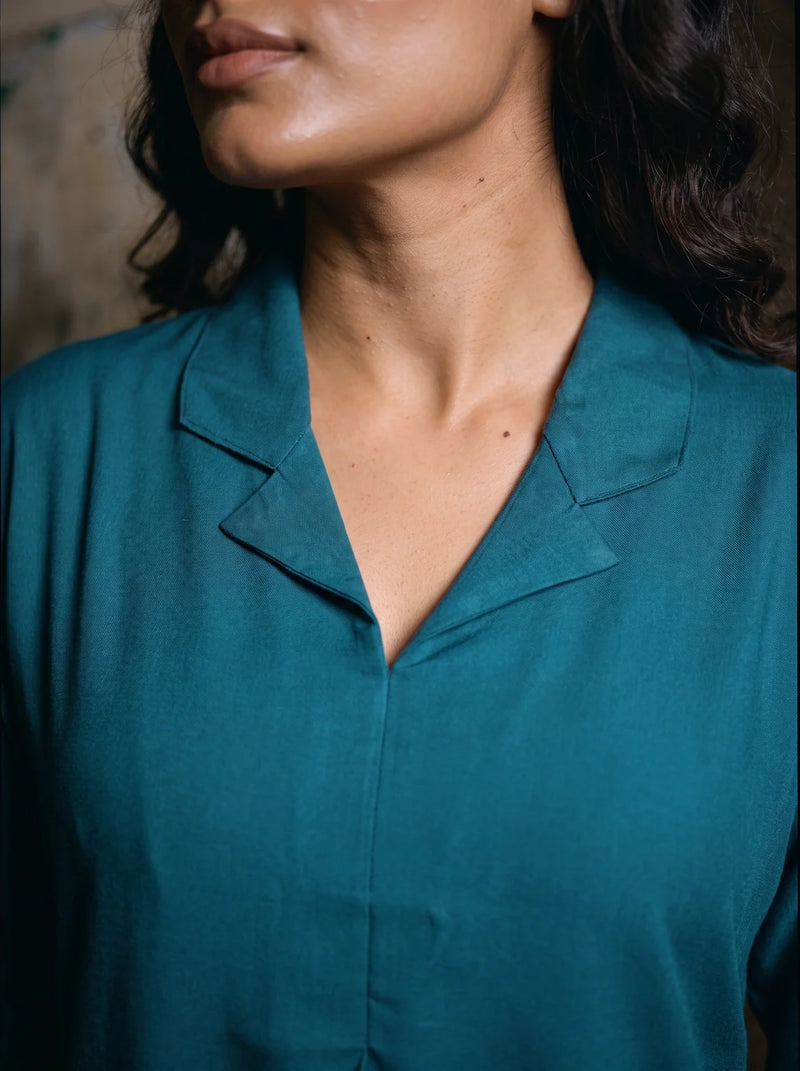 teal solid viscose co ord top revere collar detail