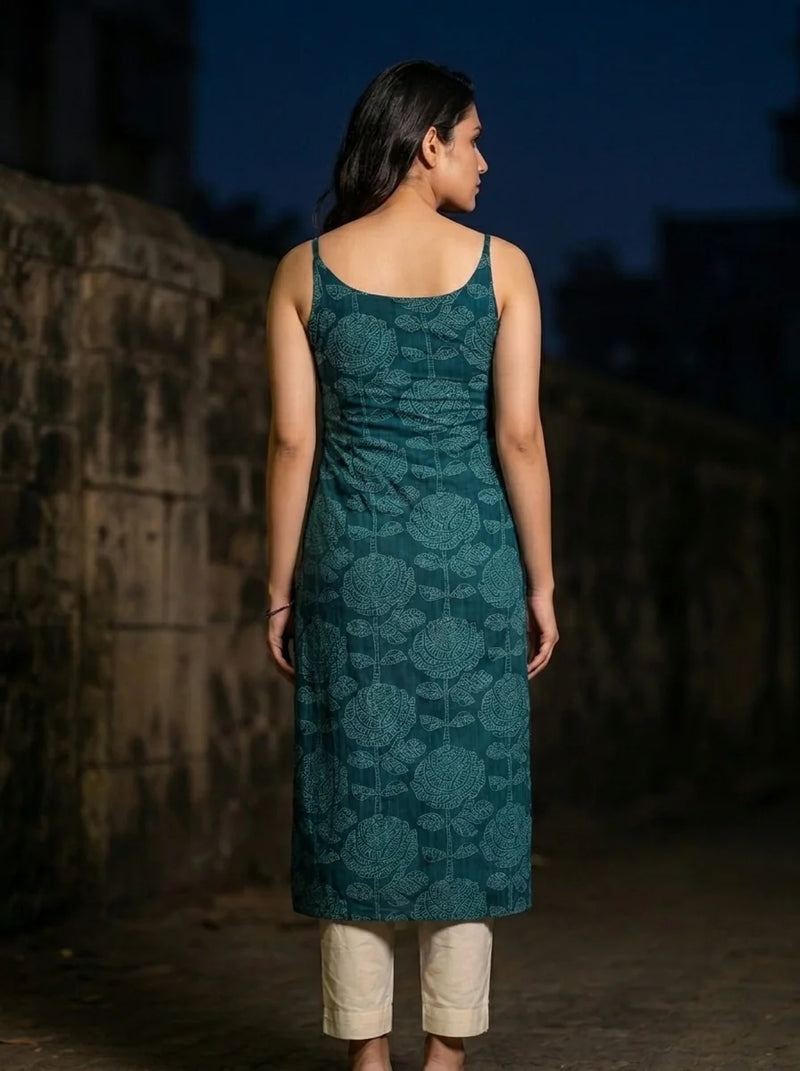 teal strappy kurta floral print back