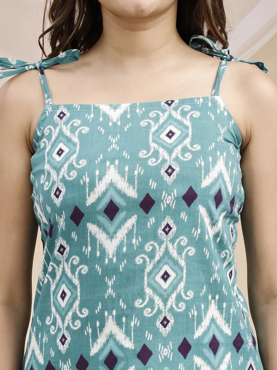 turquoise ikat kurti square neckline closeup