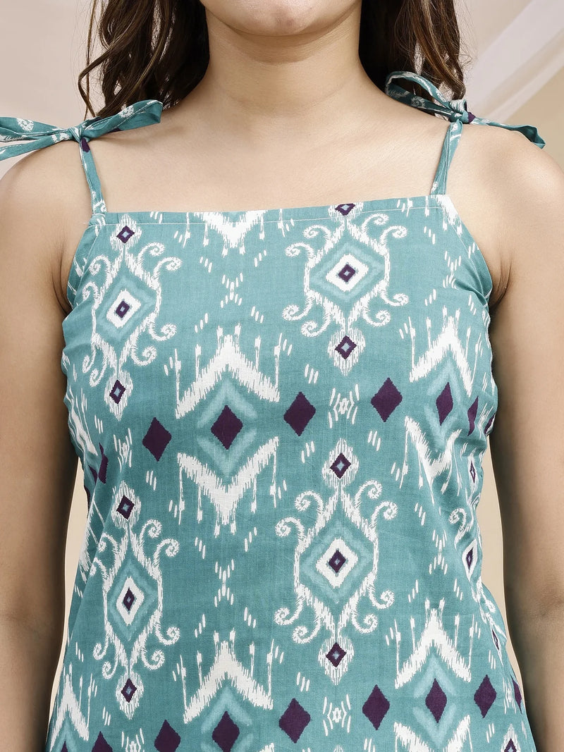 turquoise ikat kurti square neckline closeup