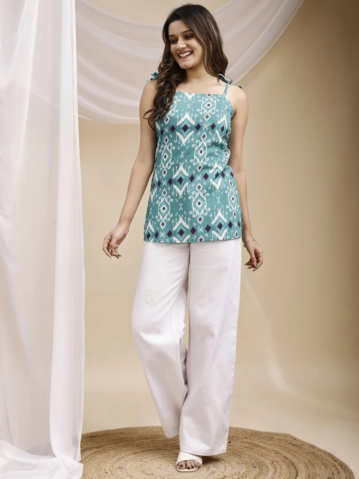 turquoise ikat kurti three quarter view
