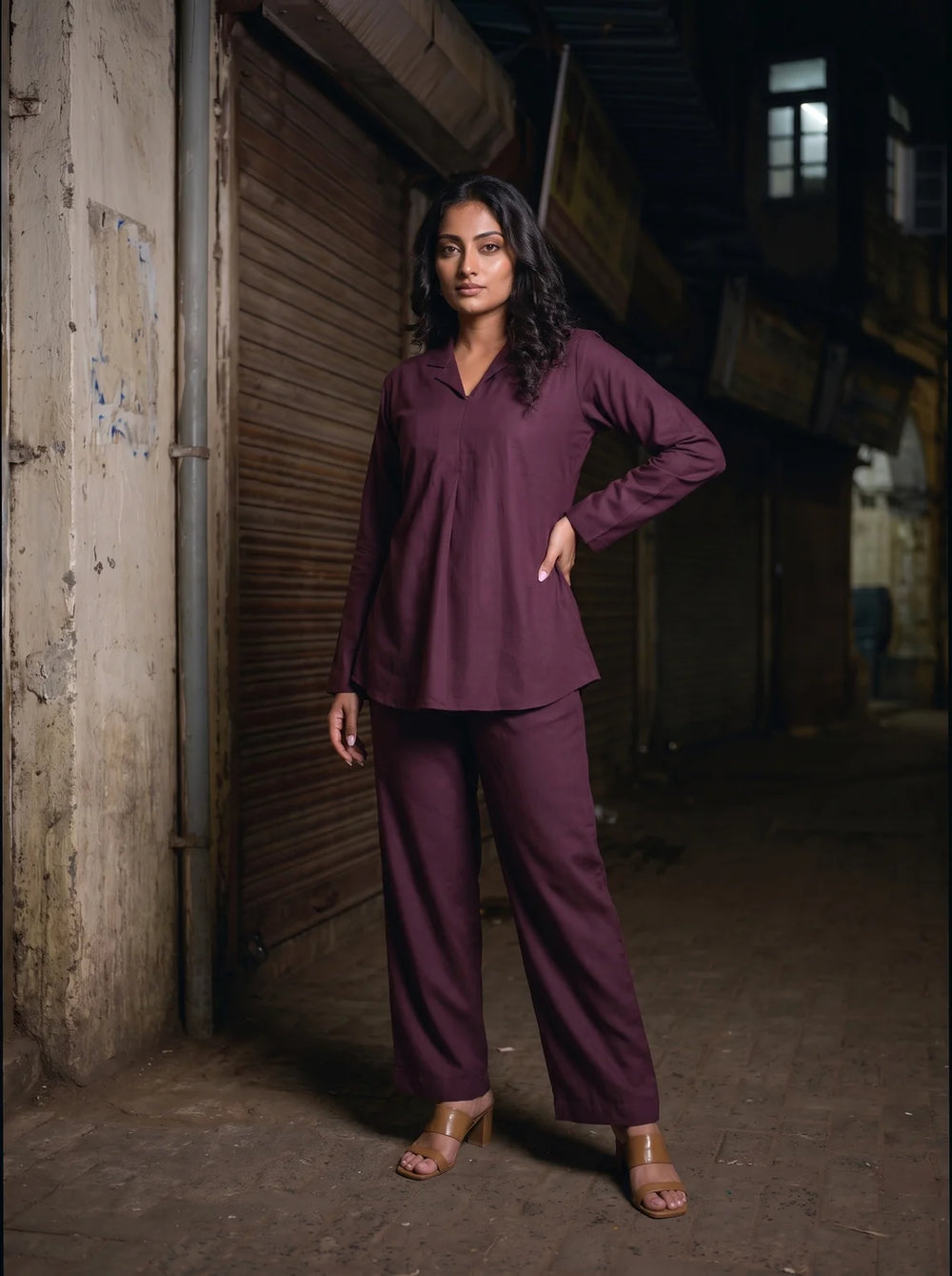 wine solid viscose co ord set front relaxed
