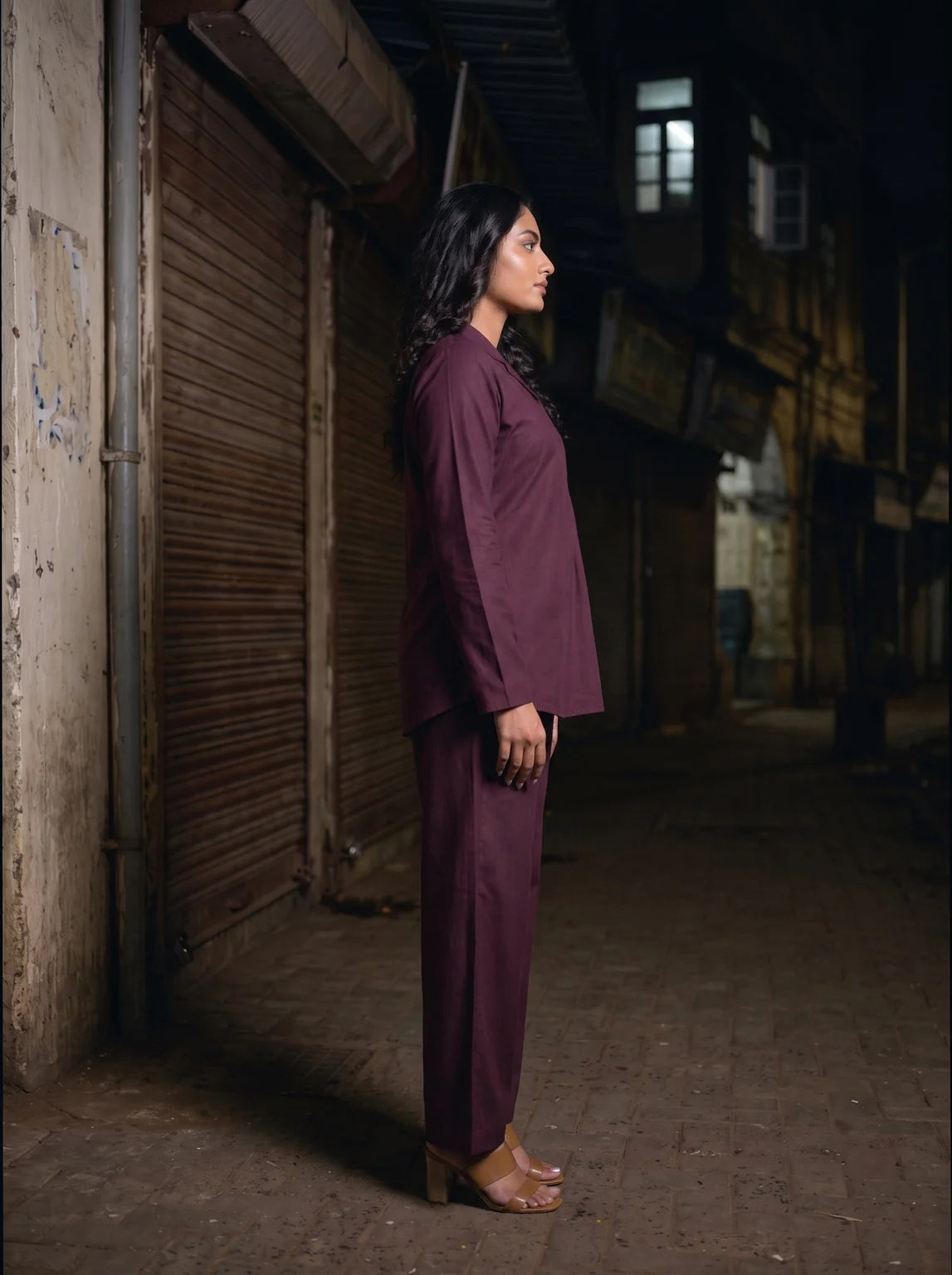 wine solid viscose co ord set side