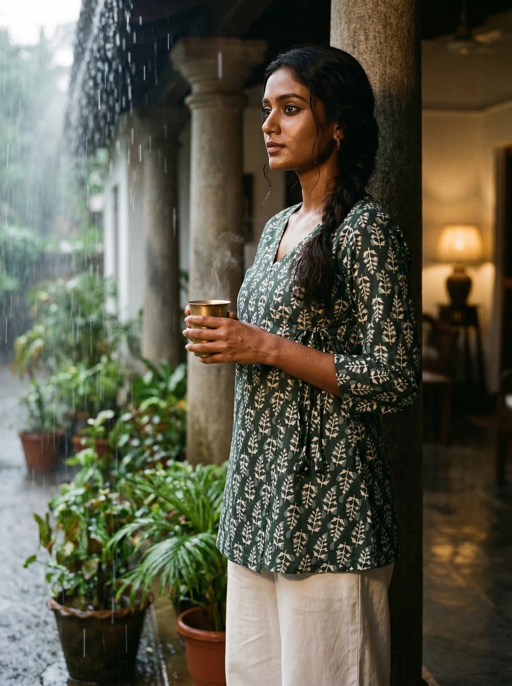 woman in bottle green botanical kurti on a monsoon veranda