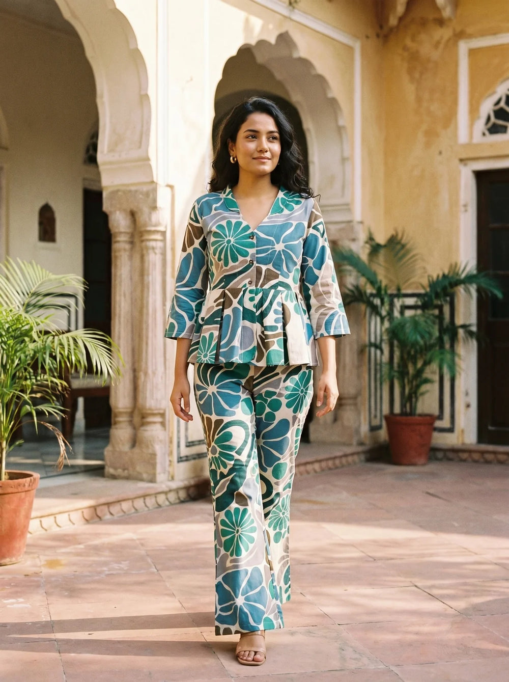 woman in green floral peplum co ord set by a carved door