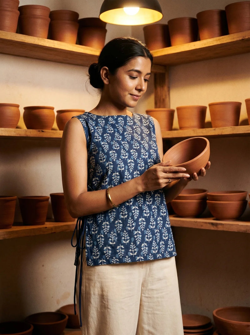 woman in indigo botanical kurti at a pottery studio