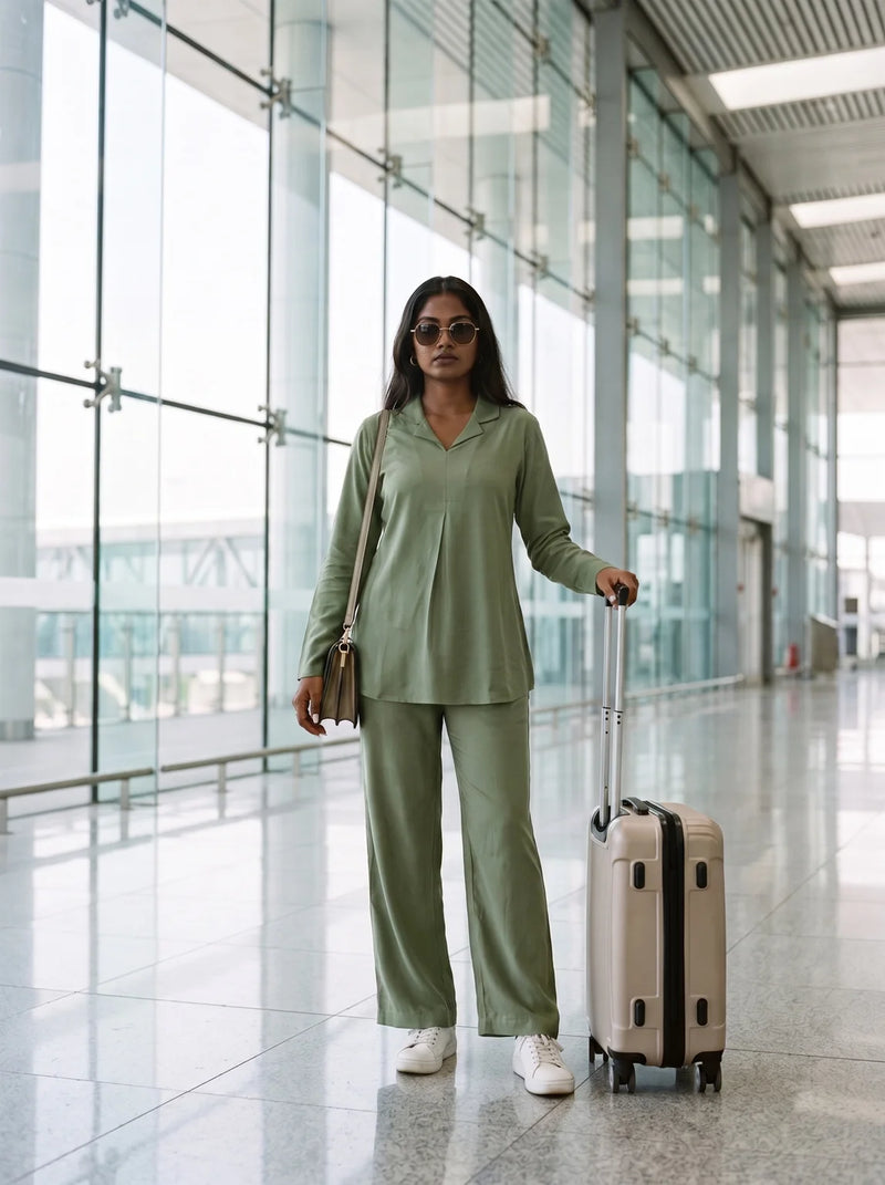 woman in sage green solid viscose co ord set by a shutter