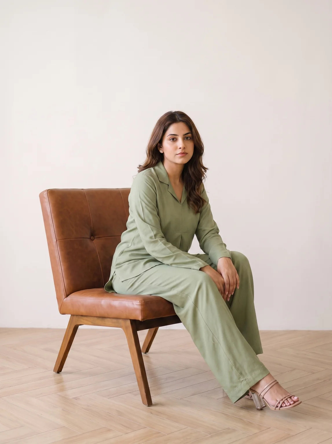 woman in sage green solid viscose co ord set in a market lane