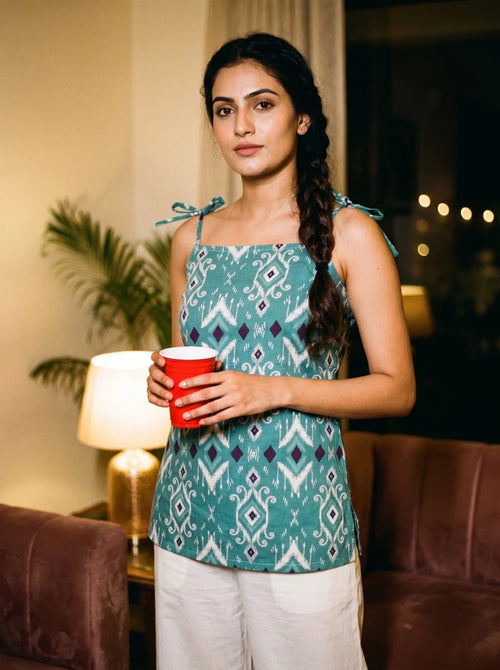 woman in turquoise ikat short kurti