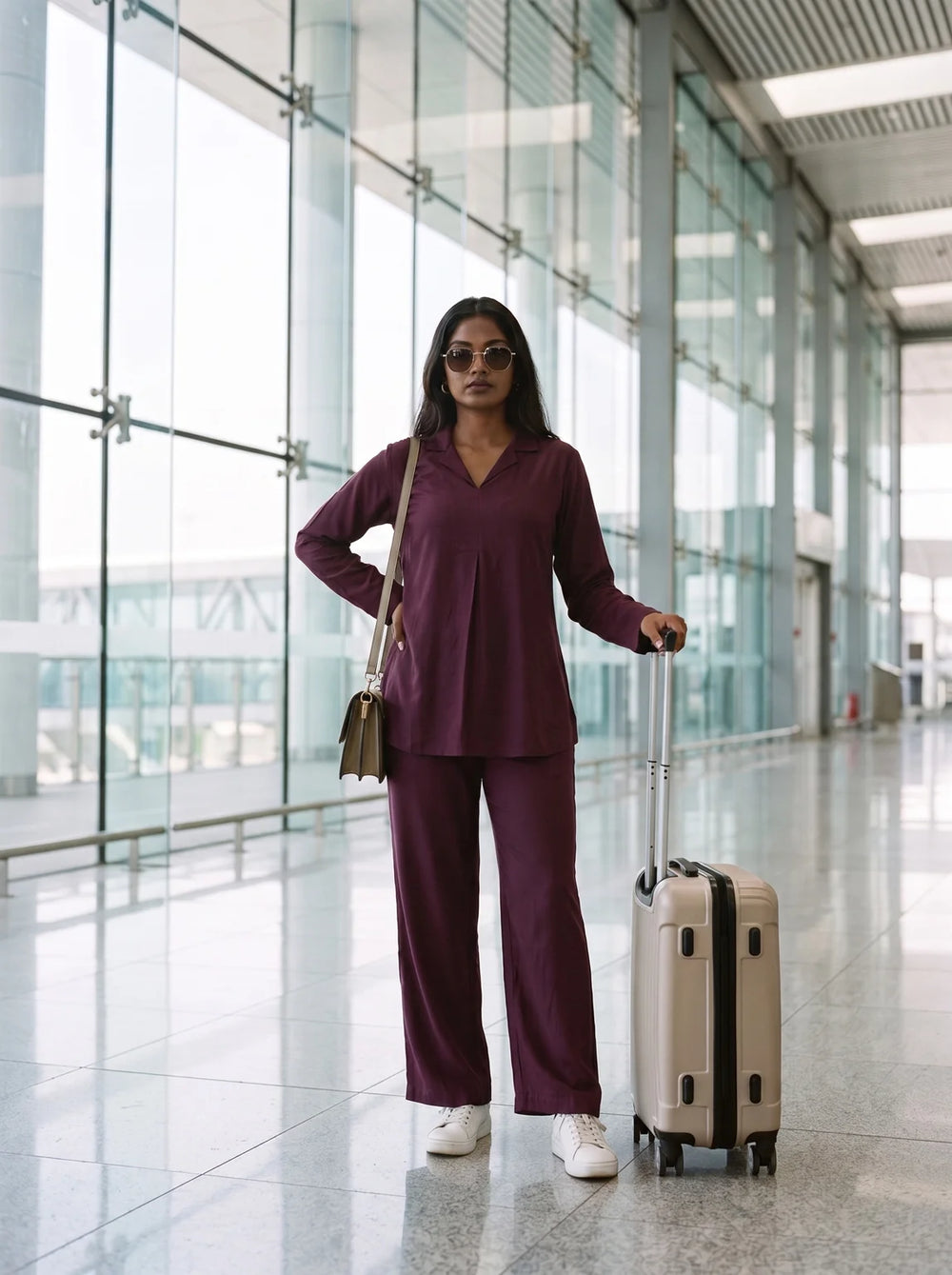 woman in wine solid viscose co ord set by a shutter